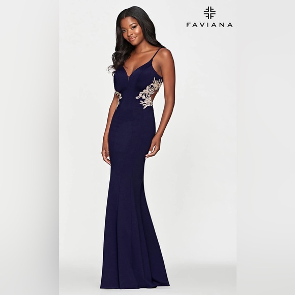 Faviana Navy Blue Gown with Gold Accents - Picture 6 of 7